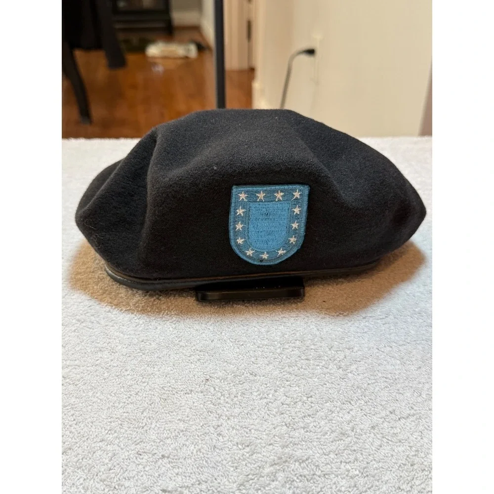 US Army Black Wool Beret with Blue Star Flash Military Headwear Hat